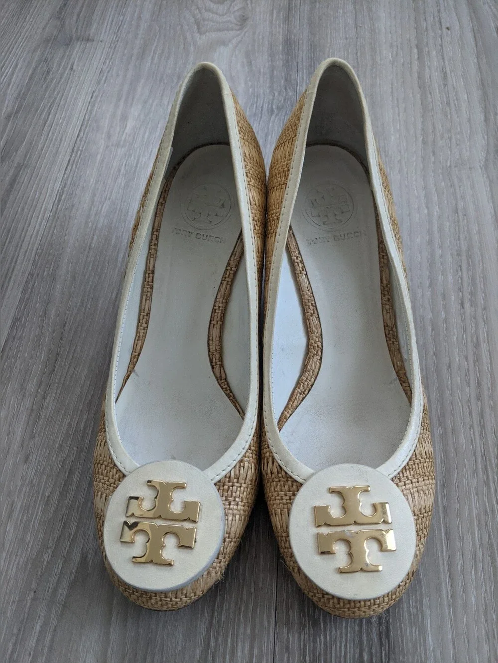 Tory Burch Natural Raffia and White Logo Ballet Flats